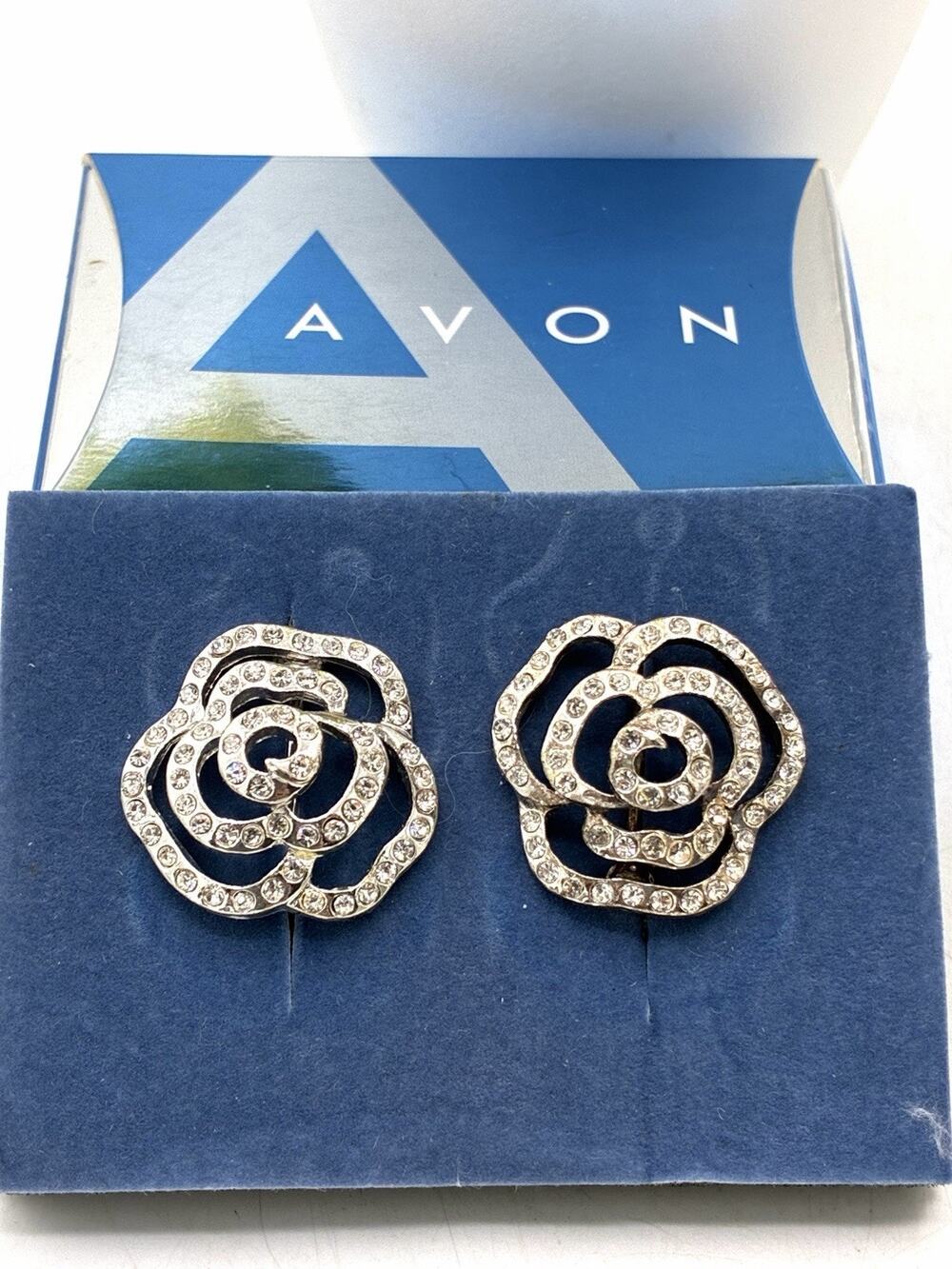 Vintage 2005 Avon Shimmering Flower Clip On Earrings, Rhinestone Rose NOS Box